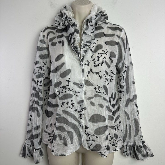 Samuel Dong Tops - Samuel Dong Blouse Top Womens M Black Floral Silk Sheer Ruffled‎ Bell Whimsigoth